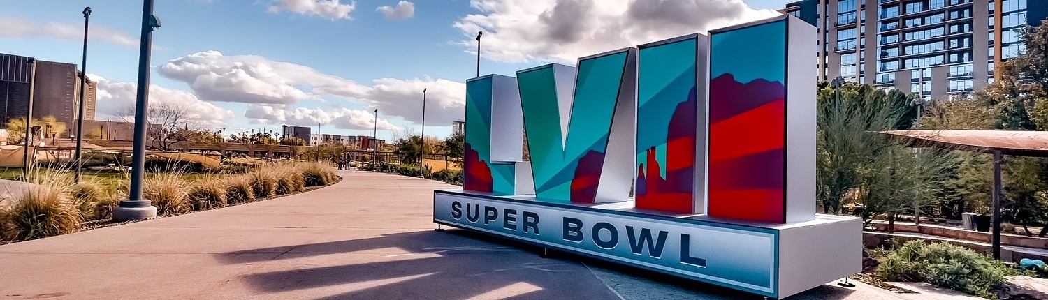 An image of the Super Bowl LVII logo in Margaret Hance Park in Phoenix, Arizona (City of Phoenix photo)